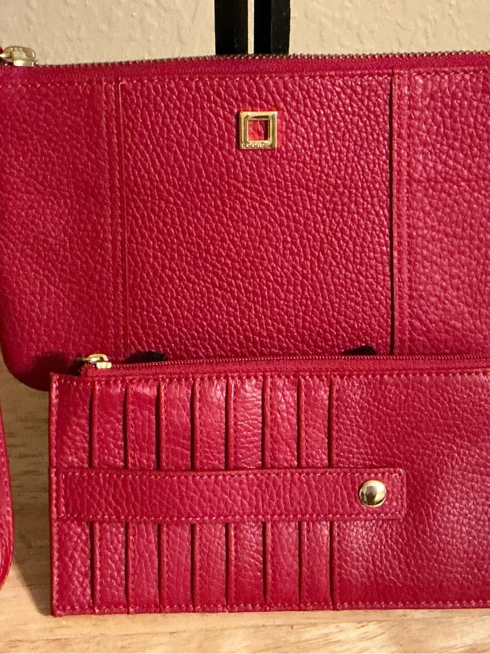 Lodis Red Pebbled Leather Wristlet with Gold Hardware & Card Holder